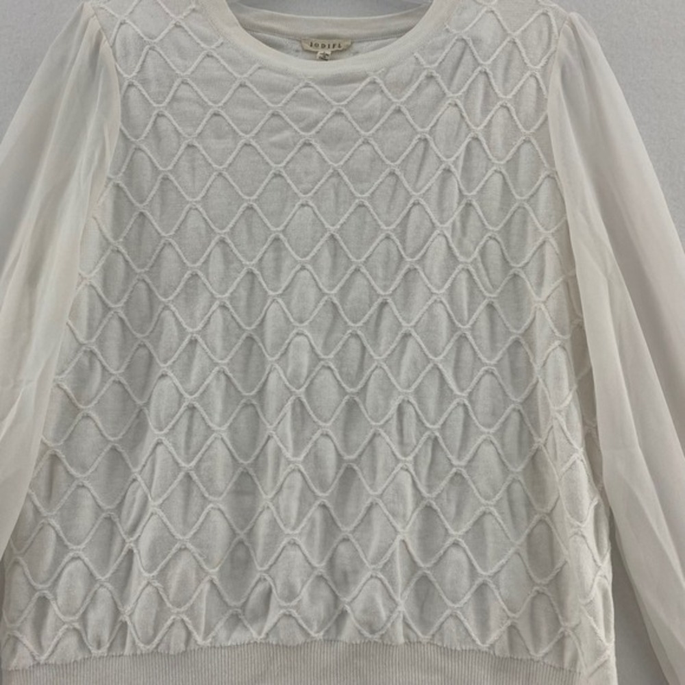 JODIFL Knit Top Sheer Sleeve Blouse Diamond Pattern Crew Neck White Size L